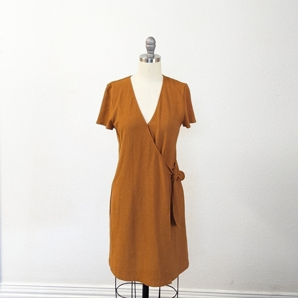 Madewell x Texture & Thread Faux Wrap Knit Dress Brown S hipster casual minimal